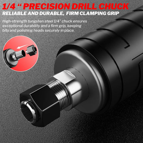 Close-up of the 1/4 inch precision chuck on the Cordless 1100W Brushless Braking Die Grinder With Three Level Variable Speed Up To 26000 RPM And One Quarter Inch Precision Chuck For Grinding Polishing And Drilling Compatible With 18V Batteries Battery Not Included.