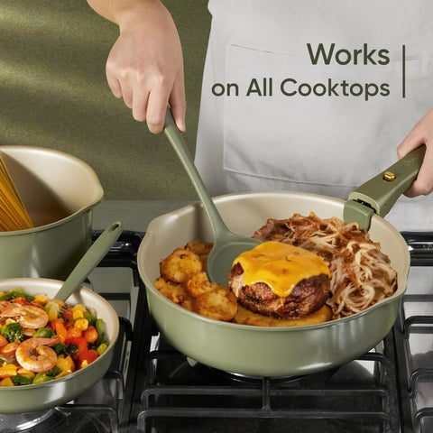 Cooking on stove with 19 Piece Nonstick Pots And Pans Set With Detachable Handle For Easy Cleanup, Oven Safe Cookware, Green PFOS/PFOA Free
