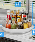 Hella Rugged 13 Inch Metal Lazy Susan Turntable For Kitchen Cabinet And Pantry Rack Storage White with spices and condiments