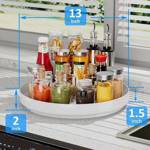 Hella Rugged 13 Inch Metal Lazy Susan Turntable For Kitchen Cabinet And Pantry Rack Storage White with spices and condiments
