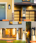 LED Dusk To Dawn Outdoor Wall Light With 14 Inch Black Lantern Style Crystal Bubble Glass Photocell Sensor IP65 waterproof displayed in different outdoor settings