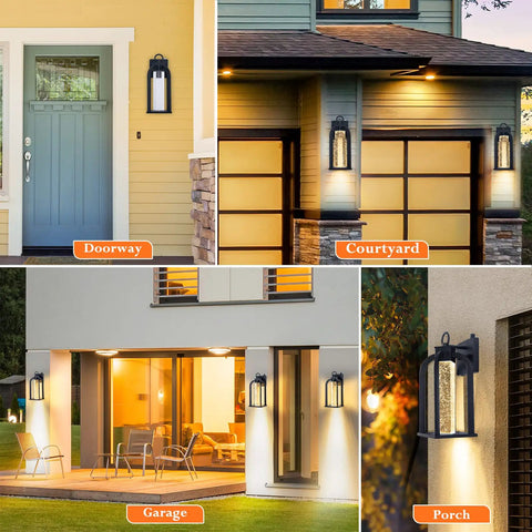 LED Dusk To Dawn Outdoor Wall Light With 14 Inch Black Lantern Style Crystal Bubble Glass Photocell Sensor IP65 waterproof displayed in different outdoor settings
