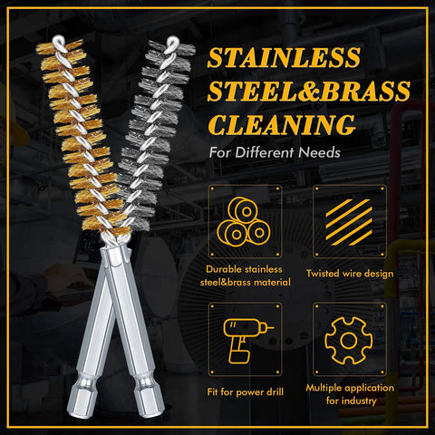 12 Piece Bore Brush Set For Drill With Stainless Steel And Brass Brushes, One Quarter Inch Hex Shanks, Wire Cleaning Kit