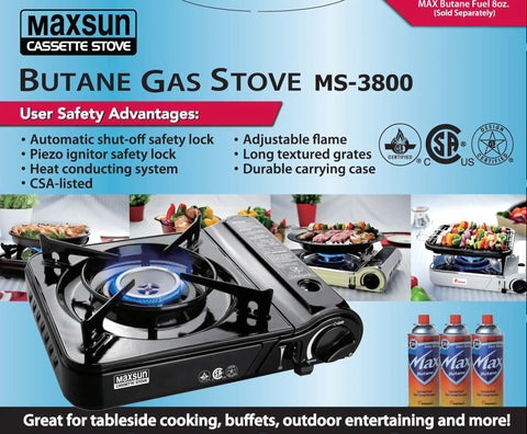 9560 BTU Portable Gas Camp Stove MS3800 With Carrying Case, CSA certified for campsites and backyard cooking.