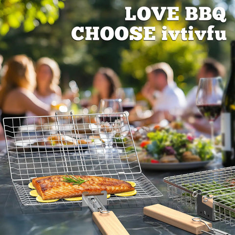 Fish Grill Basket Set With Removable Wooden Handle And 304 Stainless Steel Construction on a table with grilled fish