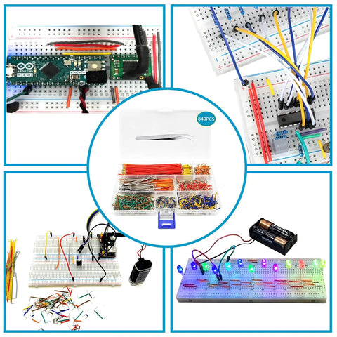 840 Piece Breadboard Jumper Wire Kit For Arduino And Prototyping, U Shape Male To Male Jumpers In 14 Lengths From 2Mm To 125Mm, Includes 4 Alligator Clip Test Leads For Easy Circuit Building in box with wires displayed