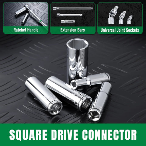 Set of 3/8 Inch Drive Deep Socket Set, SAE 13-Piece 1/4 to 1 Inch with SuperKrome Finish on textured surface.