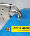Heavy Duty Snap Fastener Pliers Set With Adjustable Setter and 3 Interchangeable Dies installing metal snaps on blue tarp