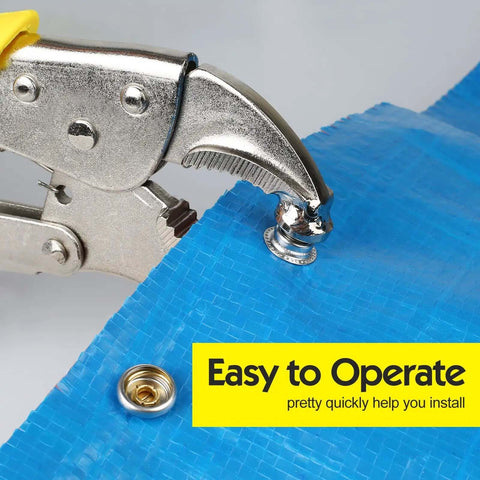 Heavy Duty Snap Fastener Pliers Set With Adjustable Setter and 3 Interchangeable Dies installing metal snaps on blue tarp