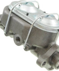 Front view of Master Brake Cylinder Replacement For Select Chevrolet Models With Precise Fit And Reliable Braking Performance Durable EPDM Rubber Seals Resistant To Glycol Based Brake Fluid All New Construction And Easy Install Ready To Roll, showing metal housing and attachment ports.