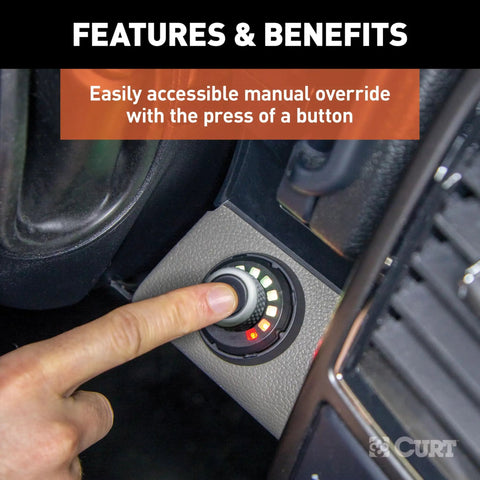 Proportional Trailer Brake Controller Featuring Slick Dash Mounted Rotary Knob Triple Axis Accelerometer manual override button in vehicle.