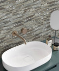 Modern bathroom sink with Peel And Stick PVC Backsplash Tiles For Kitchen Walls Durable Scratch Resistant Easy To Clean.