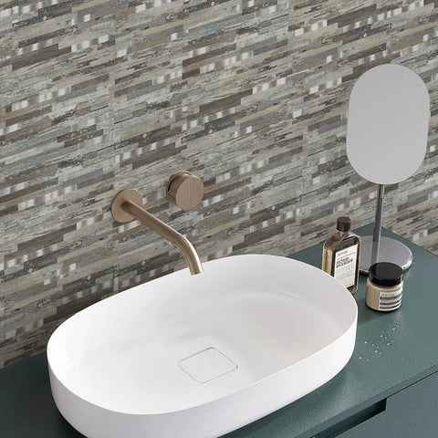 Modern bathroom sink with Peel And Stick PVC Backsplash Tiles For Kitchen Walls Durable Scratch Resistant Easy To Clean.