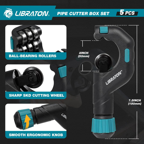 LIBRATON pipe cutter set, 5 pcs, copper/PEX/PVC tube cutters with blow-molded case