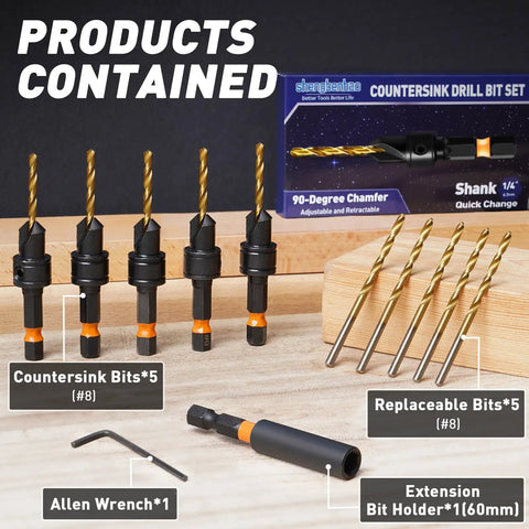 Size 8 Countersink Drill Bit Set For Wood 12 Piece With Adjustable Countersink Bits Magnetic Extension Bit Holder And One Quarter Inch Hex Shank Quick Change For Woodworking Titanium Coated High Speed Steel displayed on table