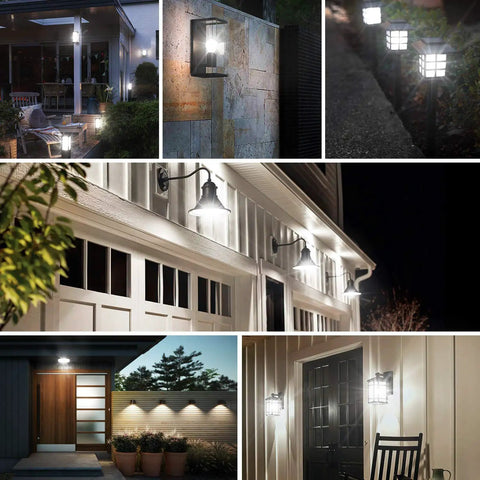 Outdoor installations of Six Pack Dusk To Dawn A19 LED Light Bulbs 11W 1200 Lumens 100 Watt Equivalent E26 Base Auto On Off Daylight 5000K