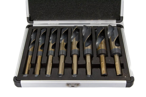 Beefed Up 8 Piece High Speed Steel Drill Bit Set With Reduced Shank 9 16th To 1 Inch 135 Degree Split Point Black And Gold Finish M2 HSS
