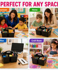Six Pack Black Classroom Caddies With Three Compartment Plastic Storage Bins for Easy Desk Organization in various settings.