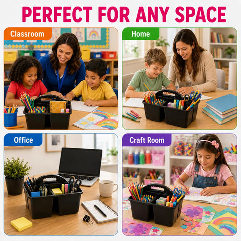 Six Pack Black Classroom Caddies With Three Compartment Plastic Storage Bins for Easy Desk Organization in various settings.