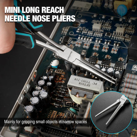 Long Reach 7 Inch Needle Nose Pliers Set, Two Piece Bent Nose And Straight Nose Pliers, Drop Forged Carbon Steel, Heat Treated, Nickel Plated, Anti Rust Oil Protected, Built Tough For Precision Work for circuit board work