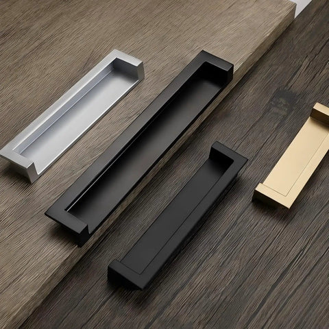 Rock Solid Zinc Alloy Recessed Handles For Kitchen Cabinets Set Of Two Black Inset Hidden Flush Drawer Pulls with silver, black, and gold options on wood