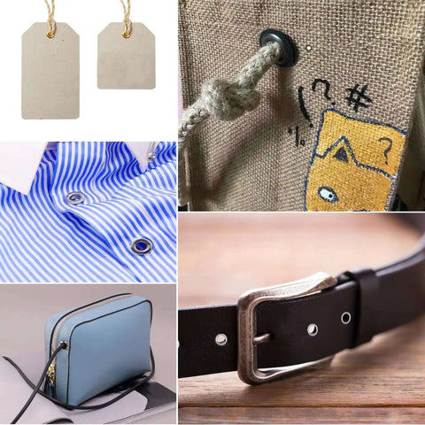 All In One Grommet Tool Kit With Eyelet Punch Plier And Case on leather bags, clothes, belts, and crafts demonstrating various uses