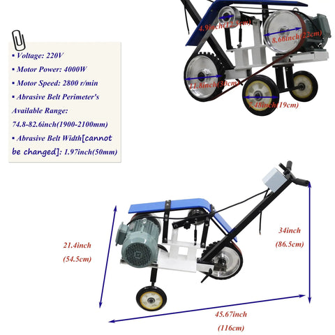Portable Belt Sander And Abrasive Grinder On Rolling Frame for rust removal, 4000W motor, 220V, dimensions displayed.