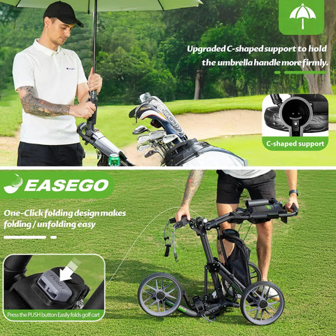 Person using All Terrain 3 Wheel Golf Push Cart With Foldable Design, Phone Cup Umbrella Holder, Quick Fold Caddy on golf course