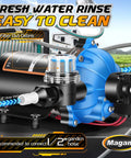 12 Volt RV Fresh Water Pump With Five Chamber Self Priming Diaphragm, Delivers 7 GPM At 70 PSI, shown with hose connections