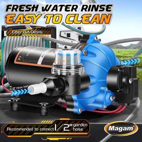 12 Volt RV Fresh Water Pump With Five Chamber Self Priming Diaphragm, Delivers 7 GPM At 70 PSI, shown with hose connections