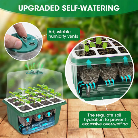 Self Watering Seed Starter Tray With 8 LED Grow Light Reusable 60 Cell Germination Kit With Humidity Dome Silicone Seedling Trays