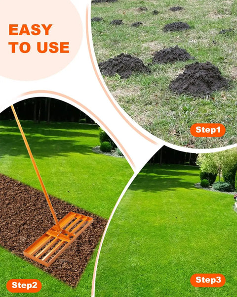 Heavy Duty Lawn Leveling Rake With 72 Inch Adjustable Handle leveling soil, prepping lawn for grass with 30 by 10 inch head.