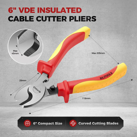 Insulated Cable Cutters 6 Inch Pro Grade 1000V VDE Rated CrV Wire Cutters For Electricians, 6-inch compact cable cutter pliers