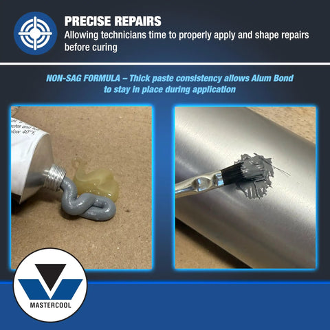 Close-up of Aluminum Bond Repair Compound For Castings, Radiators, Tanks And Engine Parts showing application on metal pipe.