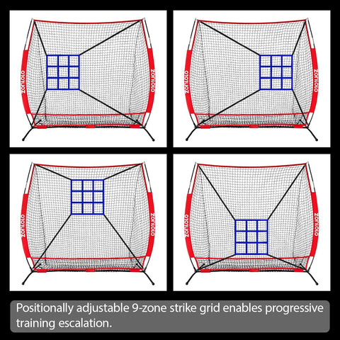 Four setups of 6x6 Ft Portable Baseball And Softball Practice Net With Sturdy Bow Frame, Batting Tee, Ball Caddy And Strike Zone Target For Backyard Hitting, Pitching And Throwing Training, Durable Heavy Duty Net For Kids.
