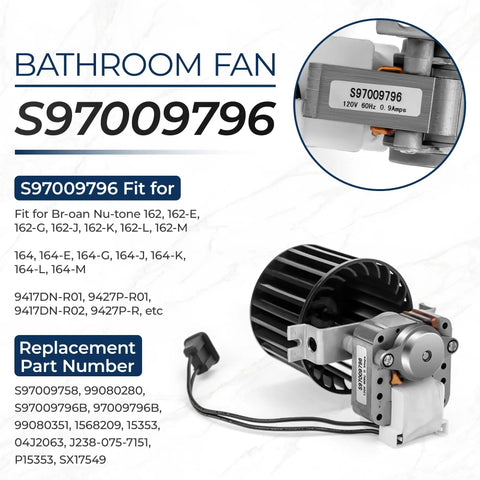 Replacement Bathroom Vent Fan Motor Blower Assembly For Heaters 162E 164E Series label view S97009796.