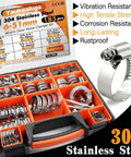 Plumbing Hose Clamp Kit With Stainless Steel Clips And Metal Strap, Heavy Duty 185-Piece Set, Covers 6mm To 51mm