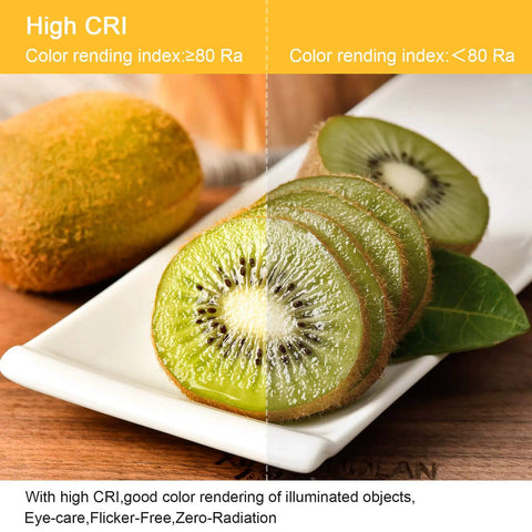 Sliced kiwi fruit on a plate, demonstrating LED E12 Candelabra Bulbs 4W 2700K Warm White Bright Filament Clear Glass color accuracy