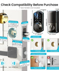 Badass 7 In 1 Fingerprint Smart Deadbolt Lock With App Control And Key Fobs In Sleek Matte Black compatibility details and dimensions infographic