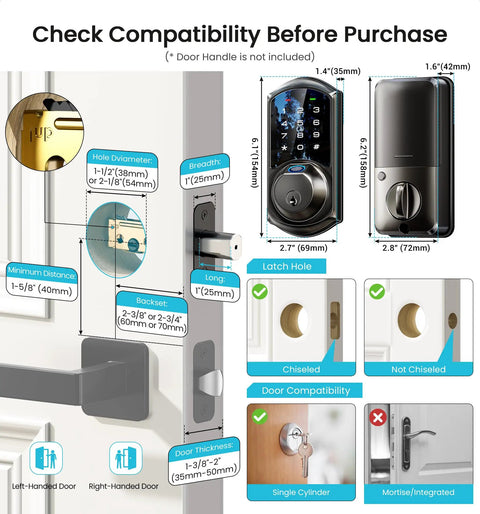 Badass 7 In 1 Fingerprint Smart Deadbolt Lock With App Control And Key Fobs In Sleek Matte Black compatibility details and dimensions infographic