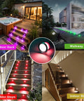 Collage showing 20 Pack WiFi RGBW Deck Light Kit With Remote, Voice Control, Alexa And Google Assistant on deck, walkway, and stairs.
