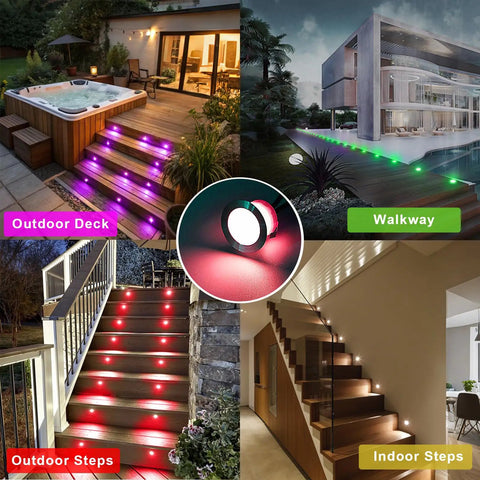 Collage showing 20 Pack WiFi RGBW Deck Light Kit With Remote, Voice Control, Alexa And Google Assistant on deck, walkway, and stairs.