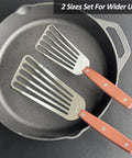 Overhead view of two-piece stainless steel slotted fish spatulas with wooden full-tang handles, sizes 3x6 in and 4x8 in.