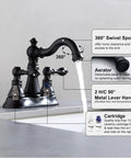 Two Handle Matte Black Bathroom Faucet With Pop Up Drain For 3 Hole 4 Inch Centerset Sinks, 360 Degree Swivel Spout