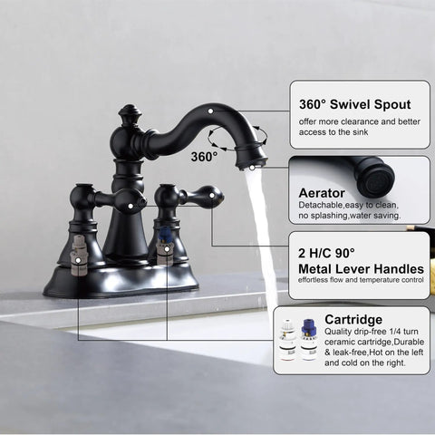 Two Handle Matte Black Bathroom Faucet With Pop Up Drain For 3 Hole 4 Inch Centerset Sinks, 360 Degree Swivel Spout