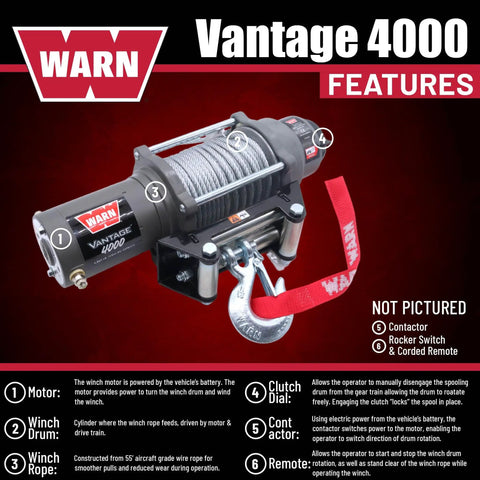 Vantage 4000 12V DC Electric Winch for ATV UTV Side By Side With 55 Ft Aircraft Grade Wire Rope And Roller Fairlead For Off Road Recovery And Heavy Duty Tasks, front view