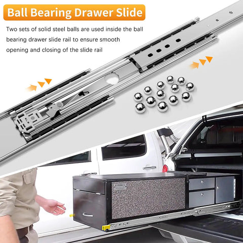 Heavy Duty Drawer Slides With Lock For Cabinets And Vans, shown with ball bearings and truck installation