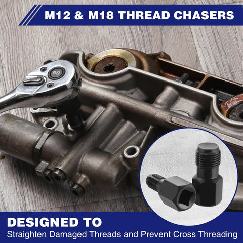 6 Piece O2 Oxygen Sensor Socket Set With 3/8 And 1/2 Inch Drive tool in use on engine component with M12 and M18 thread chasers
