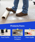 Foot on roll of Carpet Protection Film 24 Inch By 200 Foot Roll With Self Adhesive Easy Unwind Clean Removal Shields Your Carpet