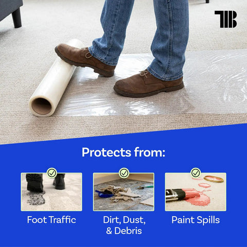 Foot on roll of Carpet Protection Film 24 Inch By 200 Foot Roll With Self Adhesive Easy Unwind Clean Removal Shields Your Carpet